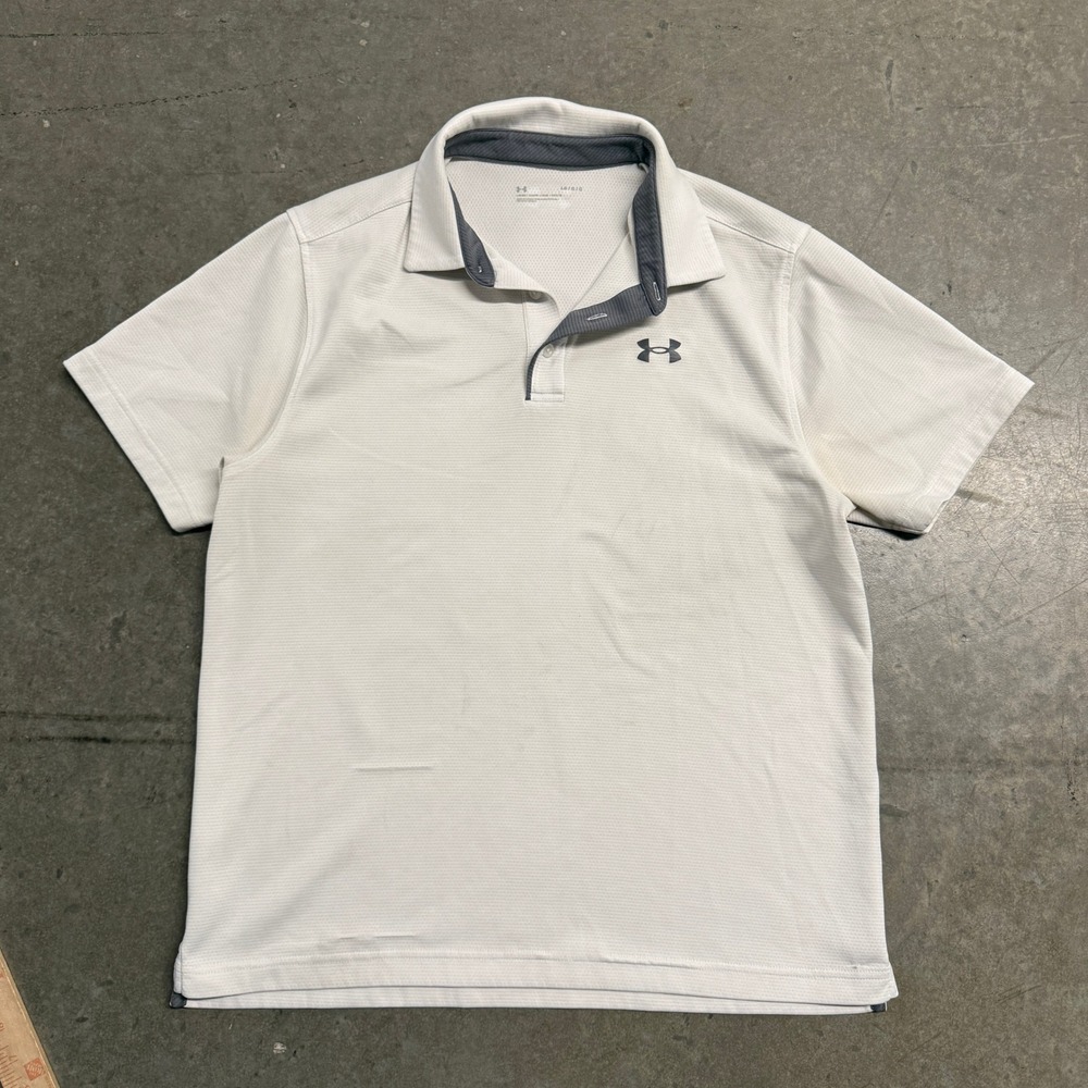 Under Armour Mens HeatGear Loose Fit Polo Shirt White Grey Logo Size Large